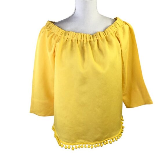Joan Vass New York NWT Linen Top Off Shoulder Pom Poms Size M Yellow 3/4 Sleeve - Picture 2 of 9